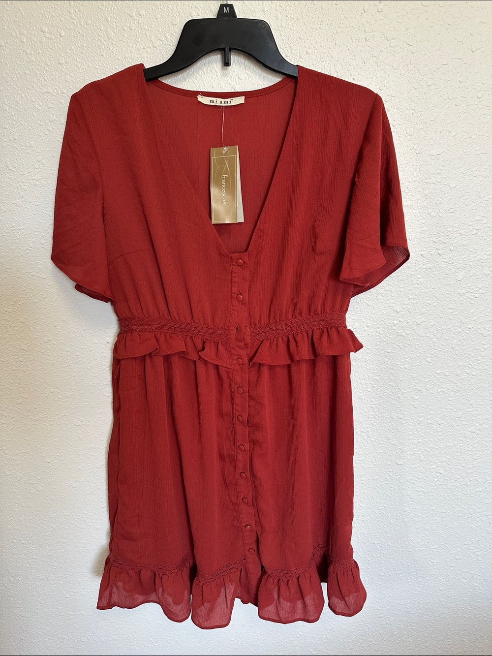 Francesca’s miami Rust Red Button-Front Ruffle Mini Dress Size S/M - Picture 3 of 12
